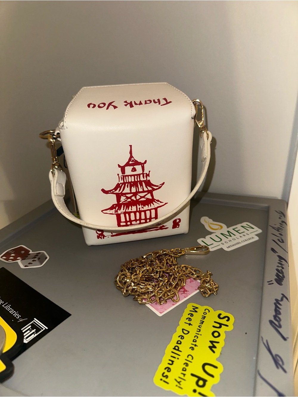 Novelty Takeout Box Purse Crossbody White Red Pagoda Kitsch Statement Bag Chain